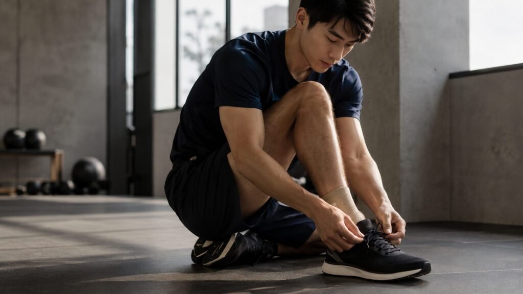 운동 전 발목보호대 착용 후 신발끈을 묶는 모습